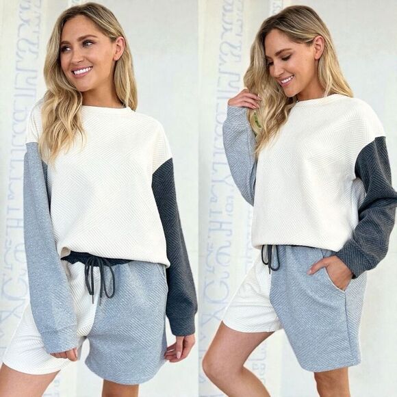 Blue Contrast Color Block Drop Shoulder Long Sleeve Top & Shorts Lounge Set NWT - Picture 6 of 13